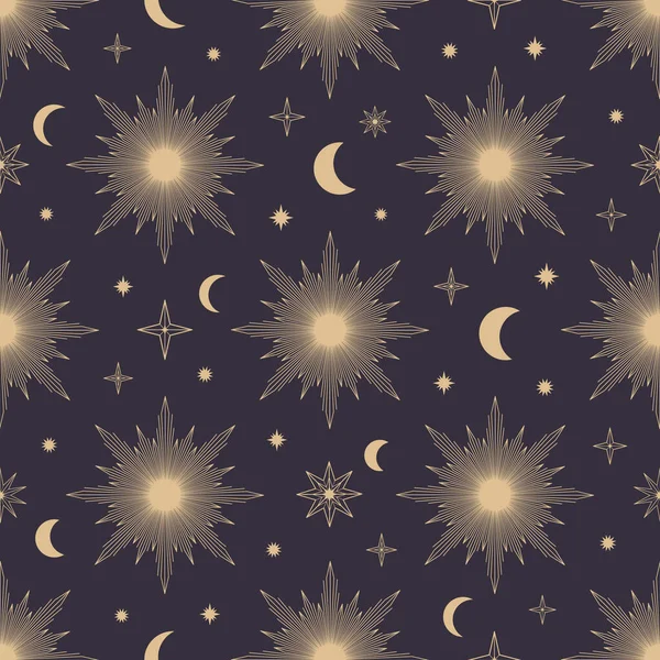 日の出 星のシームレスなパターンを描いた 神秘的な天体爆発太陽光線ベクトル グリーティングカード 包装紙 布のための魔法の宇宙銀河のスケッチイラスト — ストックベクタ
