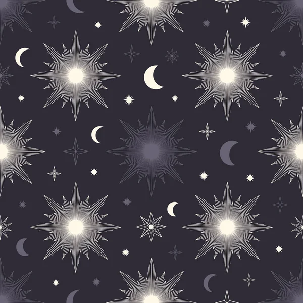 Modèle Sans Couture Dessiné Main Soleil Lune Coup Soleil Étoiles — Image vectorielle