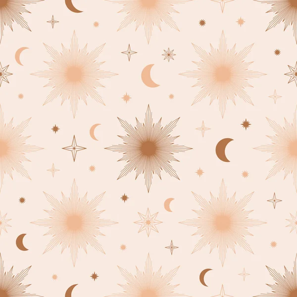 Hand Drawn Seamless Pattern Sun Moon Sunburst Stars Mystical Celestial — Stock Vector