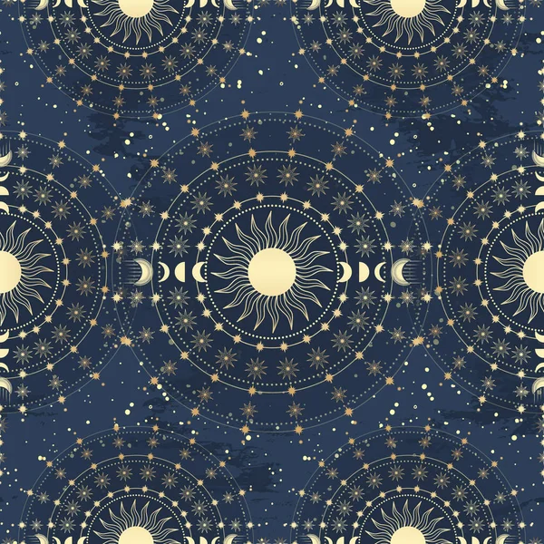 Dibujado Mano Patrón Sin Costura Oro Sol Luna Estrellas Místico — Vector de stock