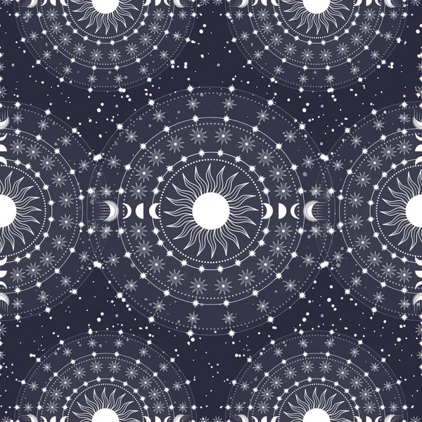 Hand Drawn Seamless Pattern Sun Moon Stars Mystical Celestial Circle — Stock Vector