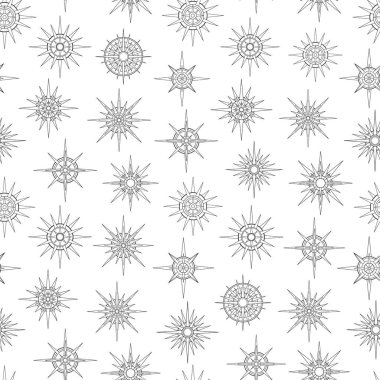 Güneş ve yıldızların el çizimi kusursuz deseni. Mistik gök patlaması güneş ışınları, daire vektör tılsımı. Tebrik kartı, duvar kağıdı, ambalaj kağıdı ve kumaş için sihirli uzay galaksisi çizimi