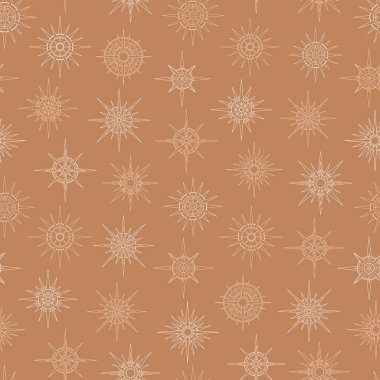 Güneş ve yıldızların el çizimi kusursuz deseni. Mistik gök patlaması güneş ışınları, daire vektör tılsımı. Tebrik kartı, duvar kağıdı, ambalaj kağıdı ve kumaş için sihirli uzay galaksisi çizimi