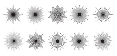 El çizimi güneş ışığı, ışık huzmeleri. Güneş ışınları püsküren bohem sembolü. Sihirli tılsım, antika tarzı, boho, dövme, logo. Vektör illüstrasyonu beyaz arkaplanda izole edildi.