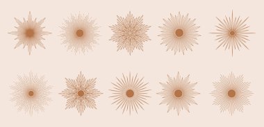 El çizimi güneş ışığı, ışık huzmeleri. Güneş ışınları püsküren bohem sembolü. Sihirli tılsım, antika tarzı, boho, dövme, logo. Bej arkaplanda izole edilmiş vektör illüstrasyonu.