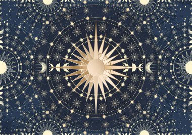 Altın Güneş, Ay ve yıldızın el yapımı kartı. Sihirli göksel gece uzayı. Bohem çember tılsımı koleksiyonu, antika tarzı, boho sembolü, tarot amblemi. Mistik galaksi uzayı, vektör çizimi çizimi