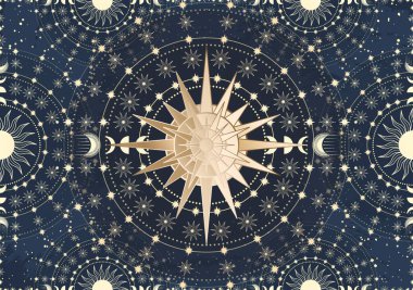 Altın Güneş, Ay ve yıldızın el yapımı kartı. Sihirli göksel gece uzayı. Bohem çember tılsımı koleksiyonu, antika tarzı, boho sembolü, tarot amblemi. Mistik galaksi uzayı, vektör çizimi çizimi