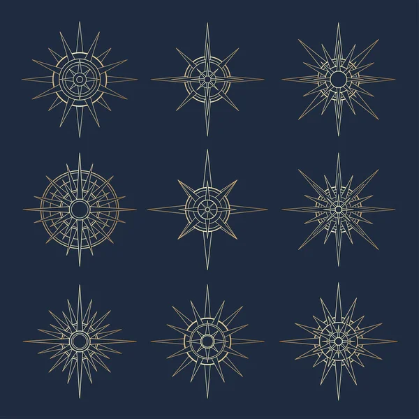 Set Dibujado Mano Sol Estrellas Magia Bohemia Símbolo Estallando Rayos — Vector de stock