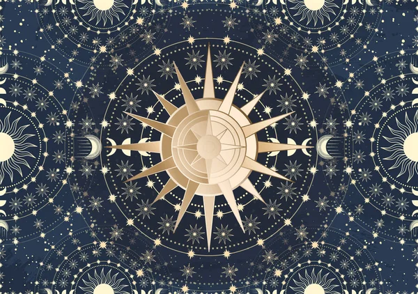 Carta Dibujada Mano Sol Dorado Luna Estrella Espacio Nocturno Mágico — Vector de stock