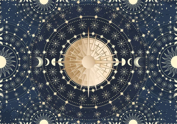 Carta Dibujada Mano Sol Dorado Luna Estrella Espacio Nocturno Mágico — Vector de stock
