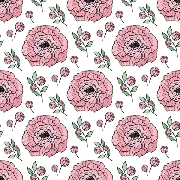 ピンクの牡丹の花の手描きのシームレスなパターン 葉を持つカラフルな花や枝 グリーティングカード 招待状 包装紙 生地のための装飾的な花のベクトルイラスト — ストックベクタ