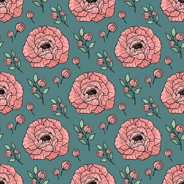 Ручной Рисунок Бесшовной Картины Цветущих Розовых Пионов Красочные Цветы Ветви — стоковый вектор