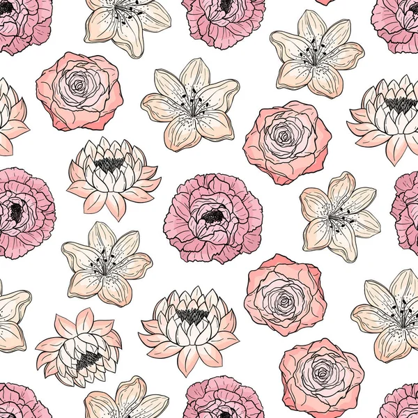 Hand Drawn Seamless Pattern Blooming Peony Rose Lily Lotus Botanical — Stock Vector