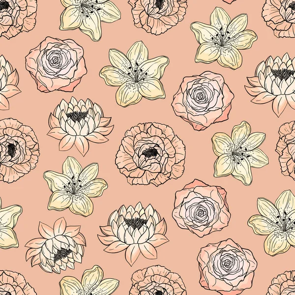 Modèle Sans Couture Dessiné Main Pivoine Fleurs Rose Lis Lotus — Image vectorielle