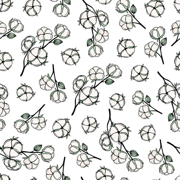 Ручной Рисунок Хлопка Ботаническое Хлопковое Растение Ветви Листьями Декоративная Цветочная — стоковый вектор