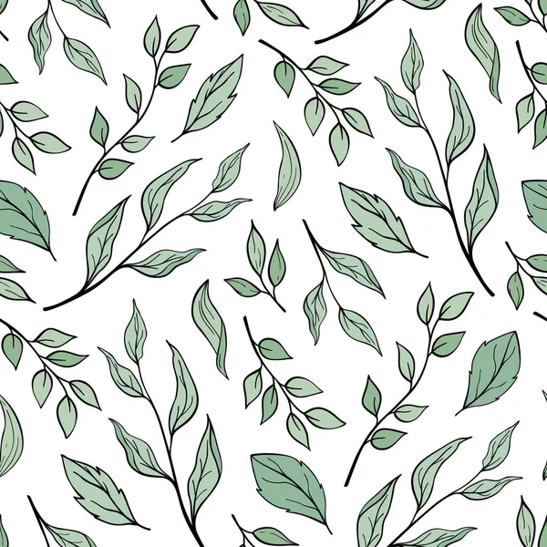 緑の葉で異なる枝のシームレスなパターンを描いた手 木や植物の植物の葉 グリーティングカード 招待状 包装紙 布のための装飾ベクトルイラスト — ストックベクタ