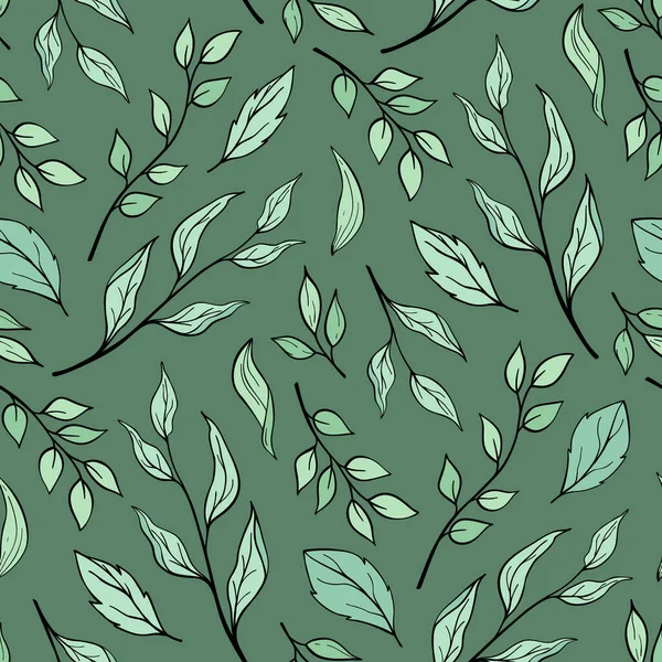 Ручной Рисунок Бесшовной Картины Различных Ветвей Зелеными Листьями Ботанический Лист — стоковый вектор