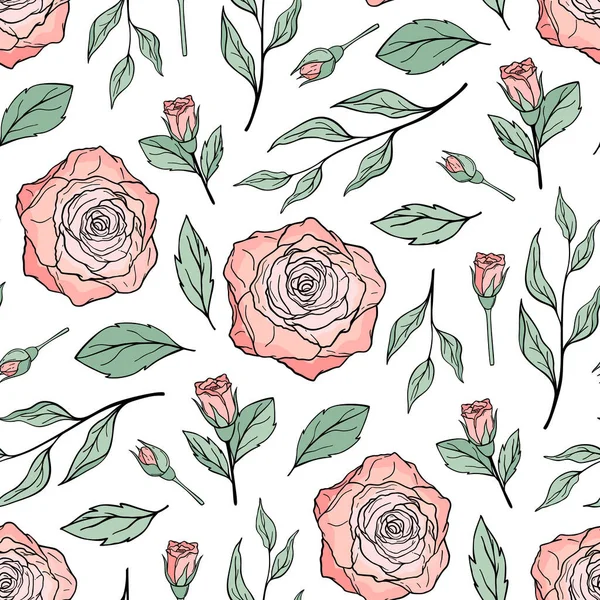 Modello Senza Cuciture Disegnato Mano Rose Rosa Fiore Fiori Rami — Vettoriale Stock