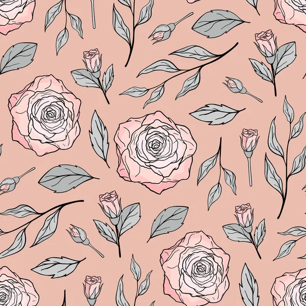 Рука Намальована Безшовним Візерунком Квітучих Рожевих Троянд Барвисті Квіти Гілки — стоковий вектор