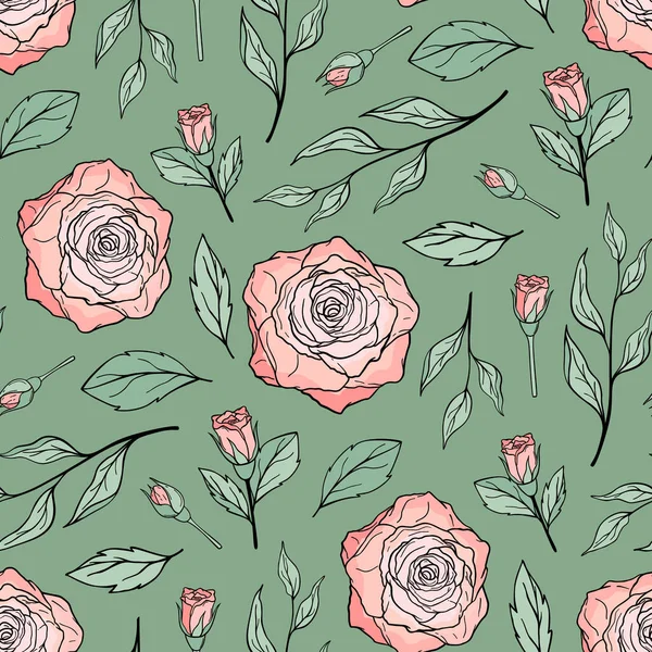 Χειροποίητο Σχέδιο Ρόδινα Τριαντάφυλλα Που Ανθίζουν Πολύχρωμα Λουλούδια Και Κλαδιά — Διανυσματικό Αρχείο