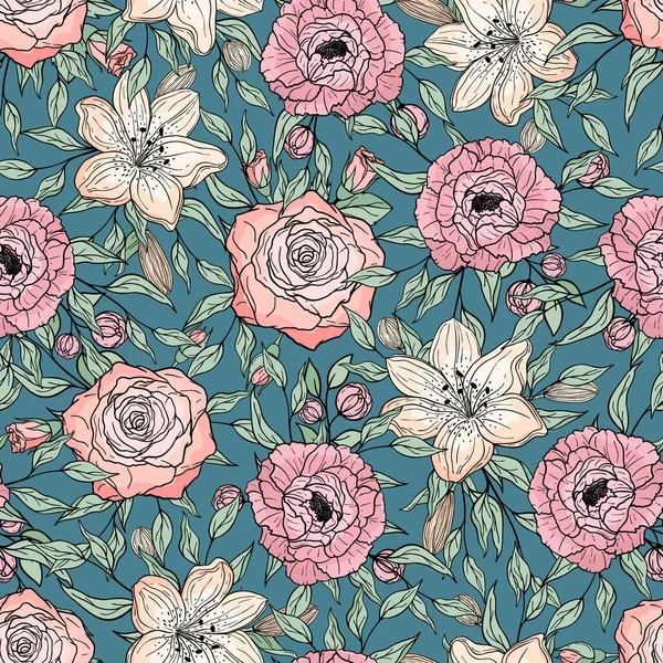 Ручной Рисунок Цветущего Пиона Розы Лилии Красочные Цветы Ветви Листьями — стоковый вектор