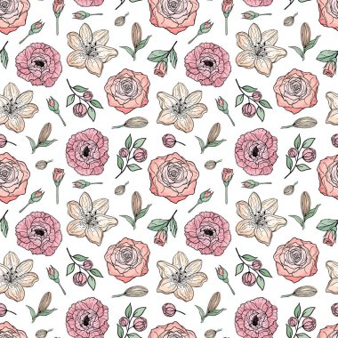 Çiçek açan şakayığın, gülün, zambağın el çizimi kusursuz deseni. Renkli çiçekler ve yapraklı dallar. Tebrik kartı, duvar kağıdı, ambalaj kağıdı, kumaş için dekoratif çiçek vektör çizimi