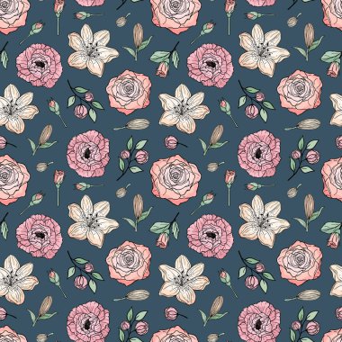 Çiçek açan şakayığın, gülün, zambağın el çizimi kusursuz deseni. Renkli çiçekler ve yapraklı dallar. Tebrik kartı, duvar kağıdı, ambalaj kağıdı, kumaş için dekoratif çiçek vektör çizimi