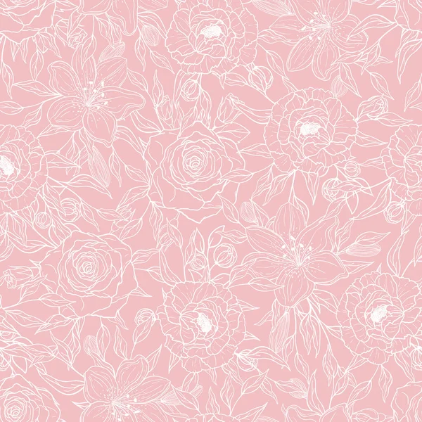 Motif Sans Couture Dessiné Main Pivoine Rose Blanche Rose Lis — Image vectorielle