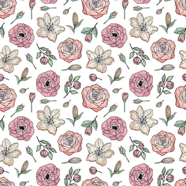 Padrão Sem Costura Desenhado Mão Peônia Florescente Rosa Lírio Flores —  Vetores de Stock
