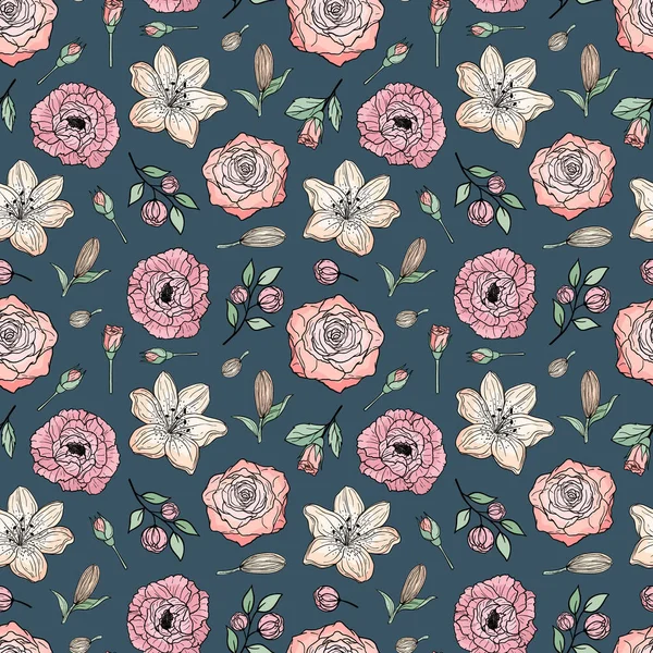Handgezeichnetes Nahtloses Muster Aus Blühenden Pfingstrosen Rosen Lilien Bunte Blumen — Stockvektor
