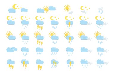 Gerçekçi 3D hava tahminleri seti, ikon sembolü, meteoroloji. Dekoratif 3 boyutlu güneş, ay, yağmur, bulut, yıldız, kar, rüzgar, yıldırım. Beyaz arkaplanda izole edilmiş vektör illüstrasyonu