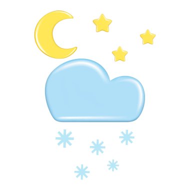 Hava tahmini elementlerinin gerçekçi 3D tasarımı, ikon sembolü, meteoroloji. Dekoratif 3d altın ay, yıldız ve mavi bulut, kar. Çizgi film vektör çizimi beyaz arkaplanda izole edildi