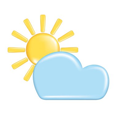 Hava tahmini elementlerinin gerçekçi 3D tasarımı, ikon sembolü, meteoroloji. Dekoratif 3D altın güneş ve mavi bulut. Beyaz arkaplanda izole edilmiş vektör illüstrasyonu