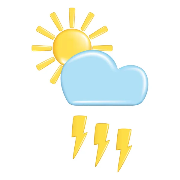 天気予報要素 アイコンシンボル 気象学の現実的な3Dデザイン 装飾的な3D黄金の太陽 雷と青の雲 白い背景に孤立した漫画のベクトルイラスト — ストックベクタ