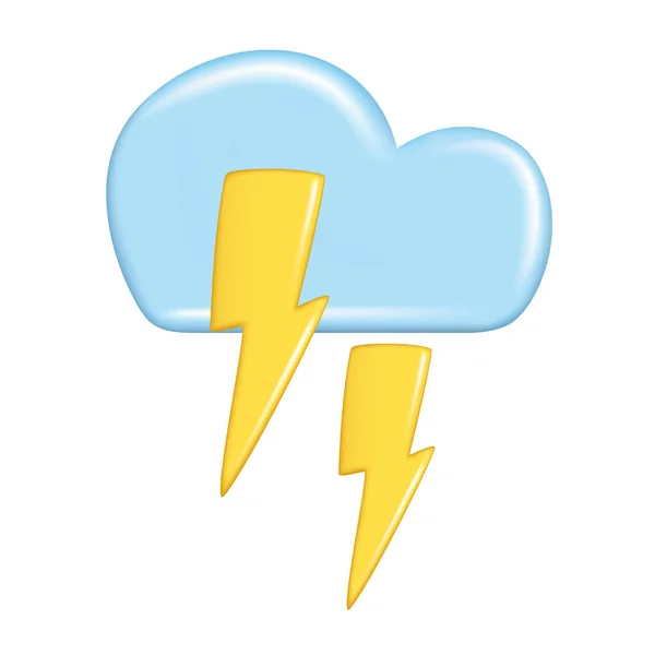 天気予報要素 アイコンシンボル 気象学の現実的な3Dデザイン 装飾的な3D黄金の雷と青の雲 白い背景に孤立した漫画のベクトルイラスト — ストックベクタ