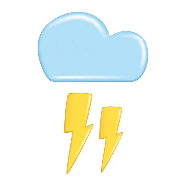 天気予報要素 アイコンシンボル 気象学の現実的な3Dデザイン 装飾的な3D黄金の雷と青の雲 白い背景に孤立した漫画のベクトルイラスト — ストックベクタ