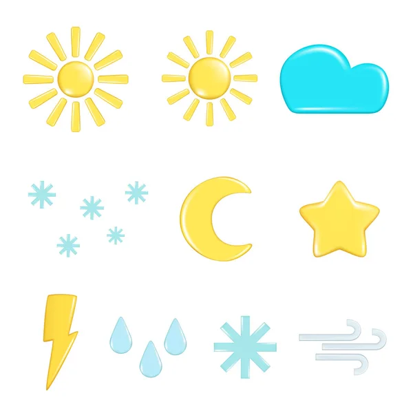 stock vector Realistic 3d Sun, Moon, rain, cloud, star, snow, wind, lightning. Decorative 3d design set of weather forecast elements, icon symbol, meteorology. Vector illustration isolated on white background