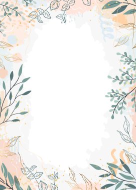 Soyut botanik arka plan, ağaç dalları ve sıra sanatında yapraklar. Yeşil ve altın yaprak, fırça, çizgi, boya. Davetiye kartı, duvar kağıdı, kapak, afiş için tasarım vektörü illüstrasyonu