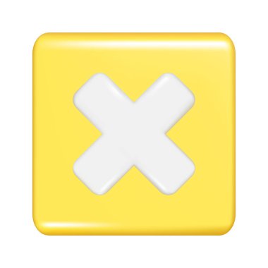 Çarpma veya çapraz işaretli gerçekçi 3D sarı kare şekil. Dekoratif kare düğme simgesi, eğitim matematik unsurlu düğme simgesi. Soyut vektör çizimi beyaz arkaplanda izole edildi