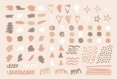 Soyut fırça, sıçrama, doku, düşüş, boya. Toprak tonlarının toplanması kalp, yıldız, çizgi, daire, dalga, üçgen şekil. Bej arkaplanda vektör illüstrasyon ögeleri