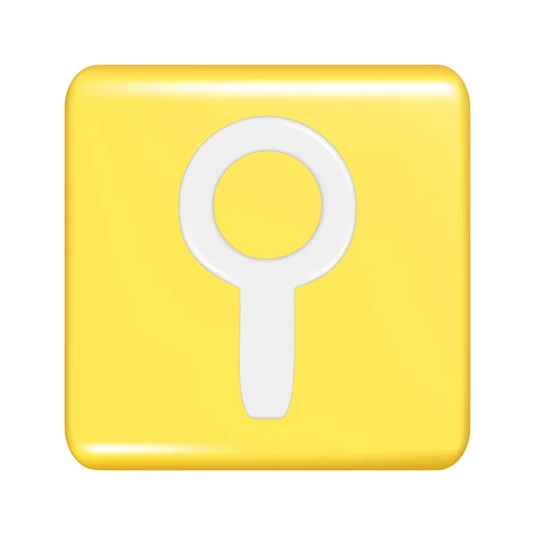 検索アイコン ループ検索記号を持つ現実的な3D黄色の正方形の形状 装飾的な正方形のボタンのアイコン 拡大要素とボタンのシンボル 白地に分離された抽象ベクトル図 — ストックベクタ