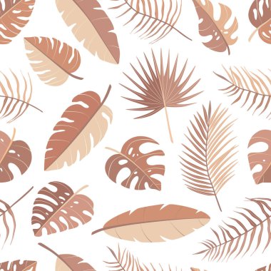 Farklı tropik palmiye yaprakları, orman canavarları, muz yaprakları. Egzotik bitki koleksiyonu. Tebrik kartı, duvar kağıdı, ambalaj kağıdı, kumaş için botanik vektör çizimi