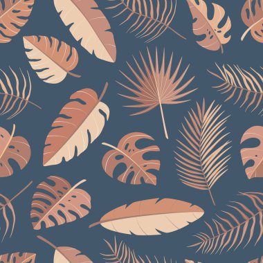 Farklı tropik palmiye yaprakları, orman canavarları, muz yaprakları. Egzotik bitki koleksiyonu. Tebrik kartı, duvar kağıdı, ambalaj kağıdı, kumaş için botanik vektör çizimi