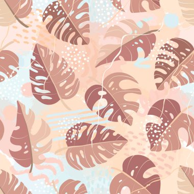 Kusursuz tropik palmiye yaprakları, orman canavarı yaprakları ve fırça şekli. Egzotik bitki ve grunge dokusu koleksiyonu. Duvar kağıdı, ambalaj kağıdı, kumaş için botanik vektör çizimi