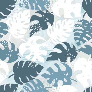 Kusursuz tropik palmiye yaprakları, orman canavarı yaprakları ve fırça şekli. Egzotik bitki ve grunge dokusu koleksiyonu. Duvar kağıdı, ambalaj kağıdı, kumaş için botanik vektör çizimi