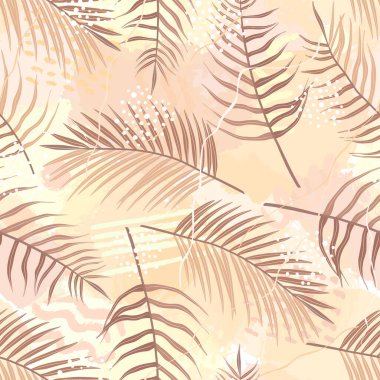 Palmiye ağaçlarının, Arecaceae yaprağının ve fırça şeklinin kusursuz deseni. Egzotik bitki ve grunge dokusu koleksiyonu. Duvar kağıdı, ambalaj kağıdı, kumaş için el çizimi vektör çizimi