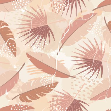 Kusursuz tropik palmiye yaprakları, muz yaprakları ve fırça şekli. Egzotik bitki ve grunge dokusu koleksiyonu. Duvar kağıdı, ambalaj kağıdı, kumaş için el çizimi botanik vektör çizimi