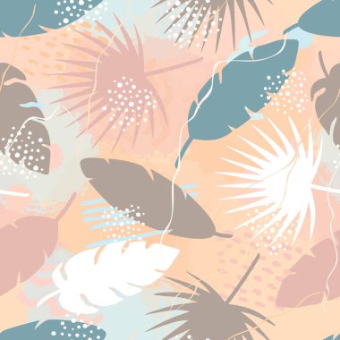 Kusursuz tropik palmiye yaprakları, muz yaprakları ve fırça şekli. Egzotik bitki ve grunge dokusu koleksiyonu. Duvar kağıdı, ambalaj kağıdı, kumaş için el çizimi botanik vektör çizimi