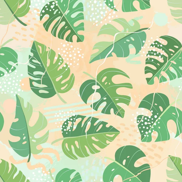 热带棕榈叶的无缝纹图案 丛林中的Monstera叶和灌木形状 异国情调的植物集合体和粗犷的质感 包装纸 织物的植物载体图解 — 图库矢量图片