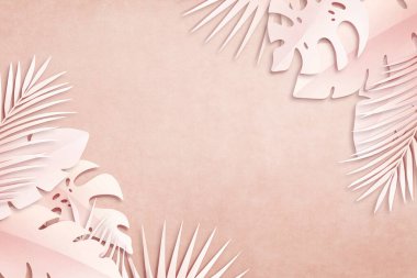 Kesilmiş kağıt tropikal palmiye yaprakları, orman canavarı, muz ve hindistan cevizi yaprakları. Doğa modeli, pembe arka planda yaz sanat yaratıcılığı koleksiyonu. Üst görünüm, düz görünüm, kapat, boşluğu kopyala